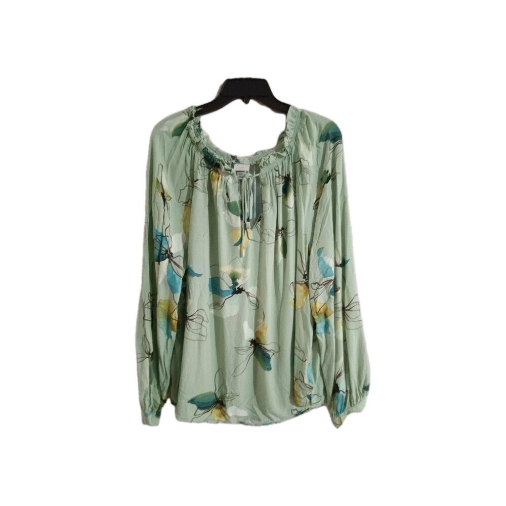 A New Day Top Blouse Women's 2XL  Floral Green Blue Long Sleeve Off the Shoulder